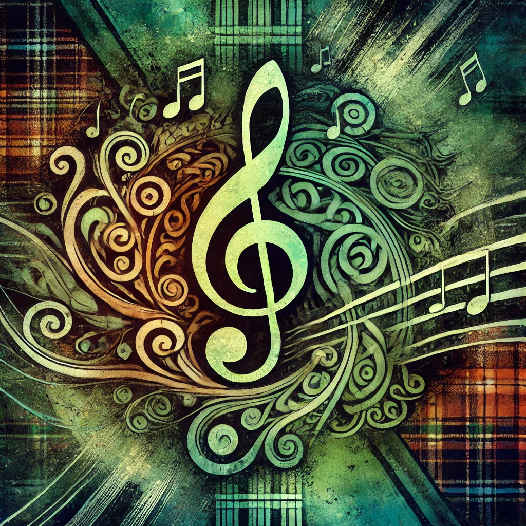 a colourful celtic design with different tartans around the outside and a treble clef and music notes in the middle